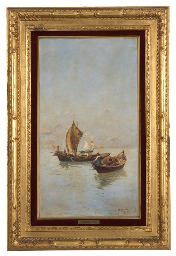 RICCARDO PELLEGRINI - Painting "BOATS WITH FISHERMEN"