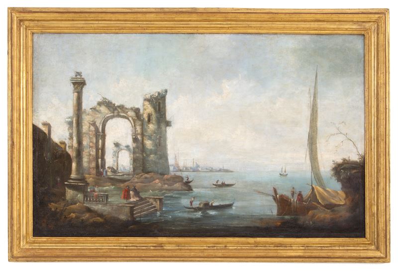 Dipinto "capriccio con Barche e Figure"