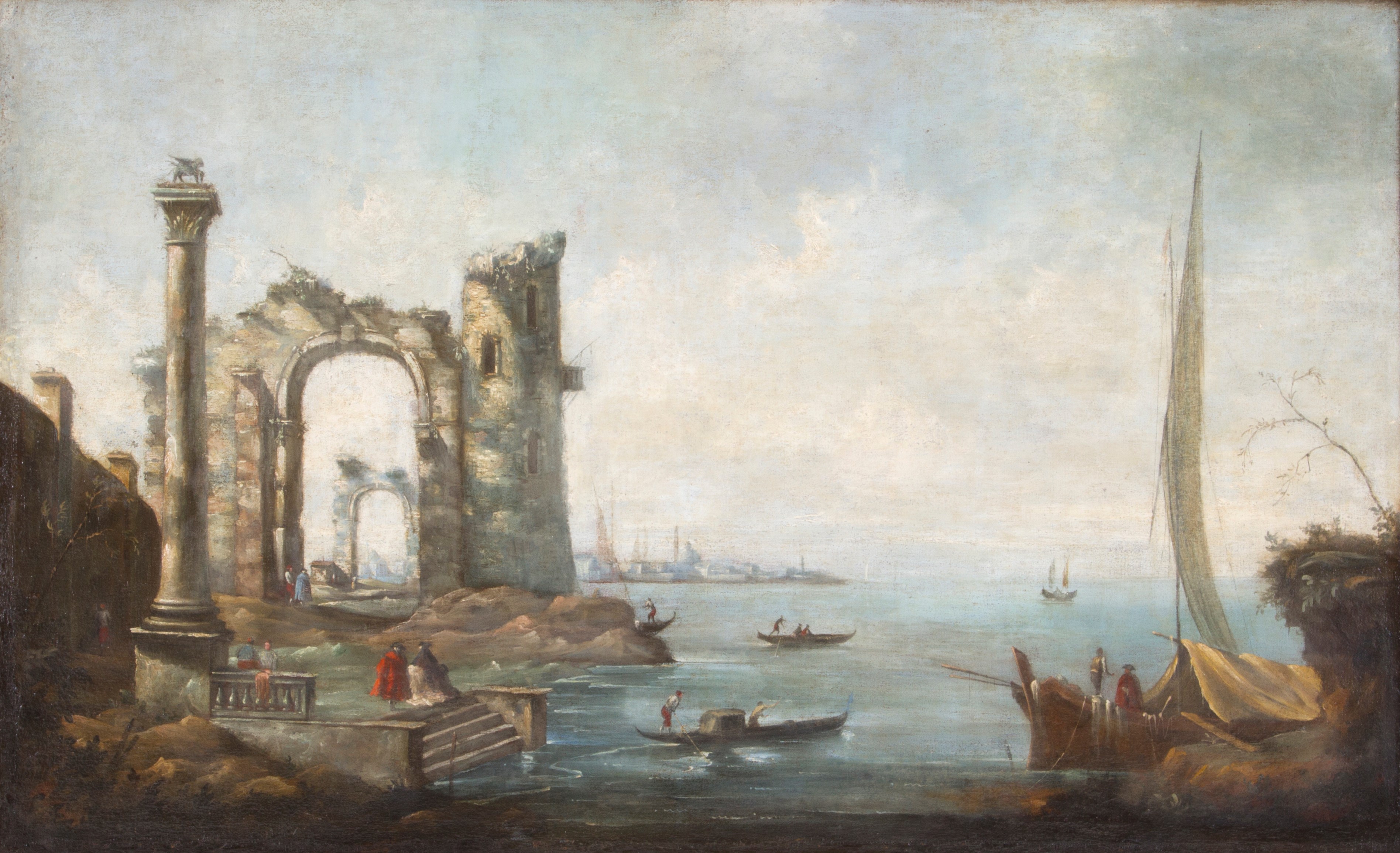 Dipinto "capriccio con Barche e Figure"