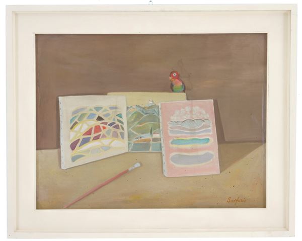 FURIO SANTINI SANFURIO - Painting "PAINTER'S WORKSHOP WITH PARROT"