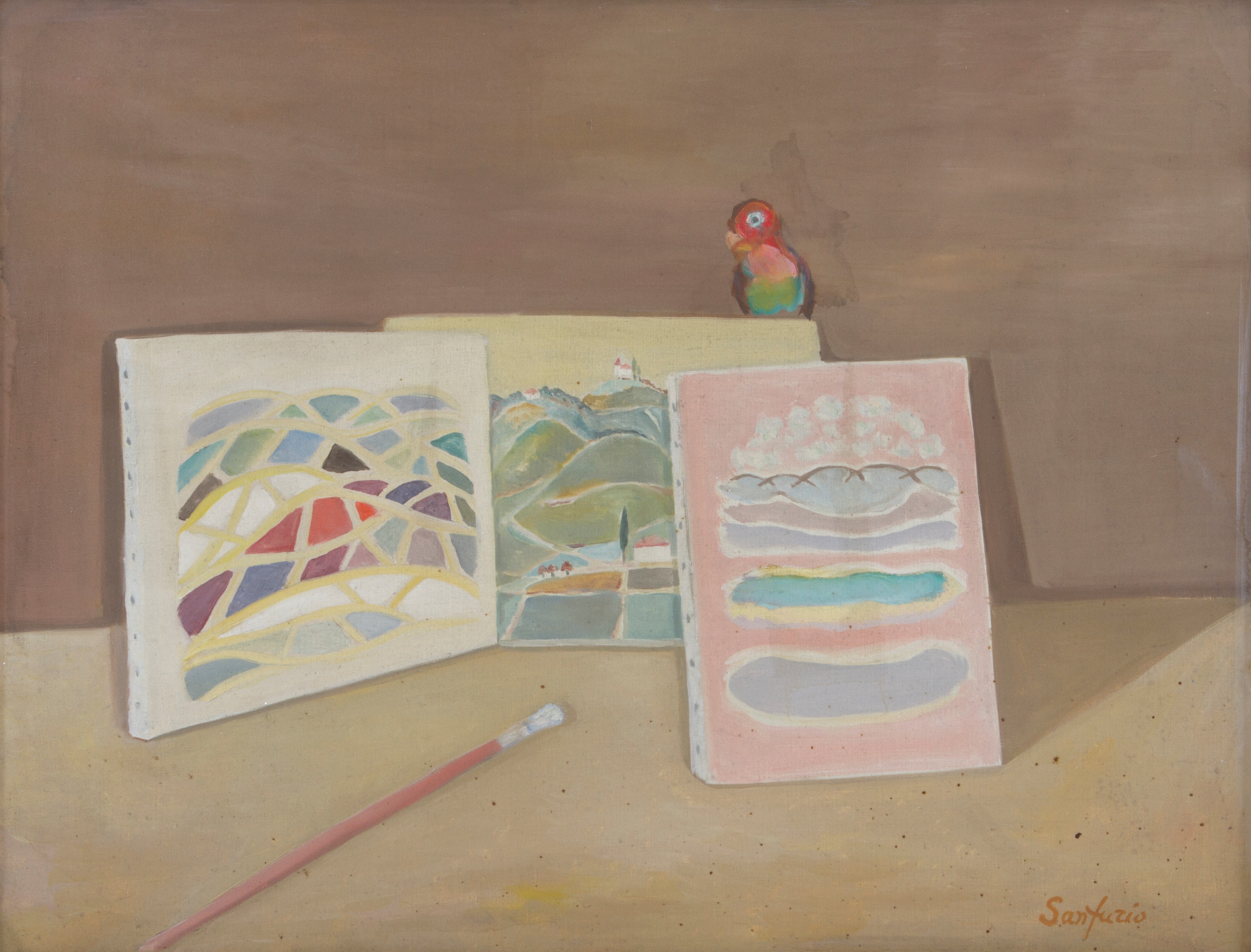 Furio Santini Sanfurio - Dipinto "atelier del Pittore con Pappagallo"