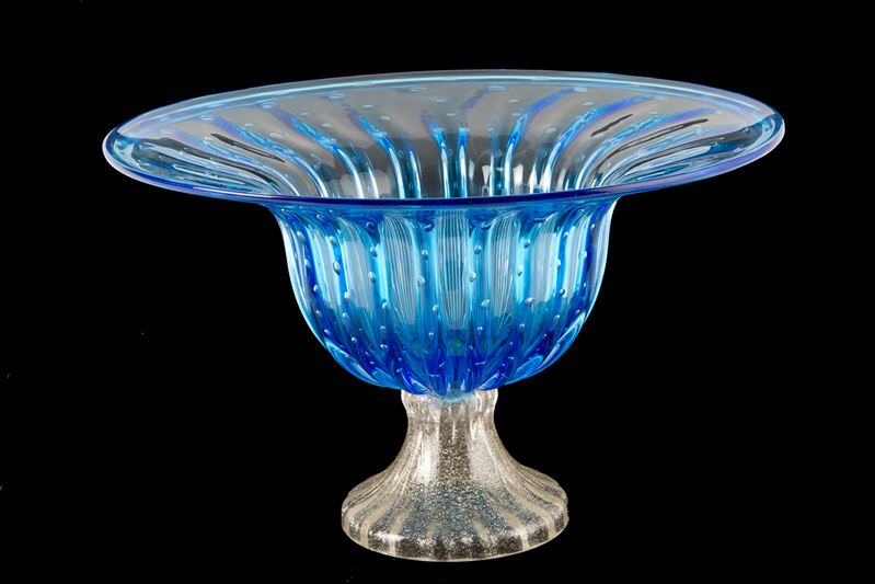Grande alzata in vetro di Murano, toni blu e oro