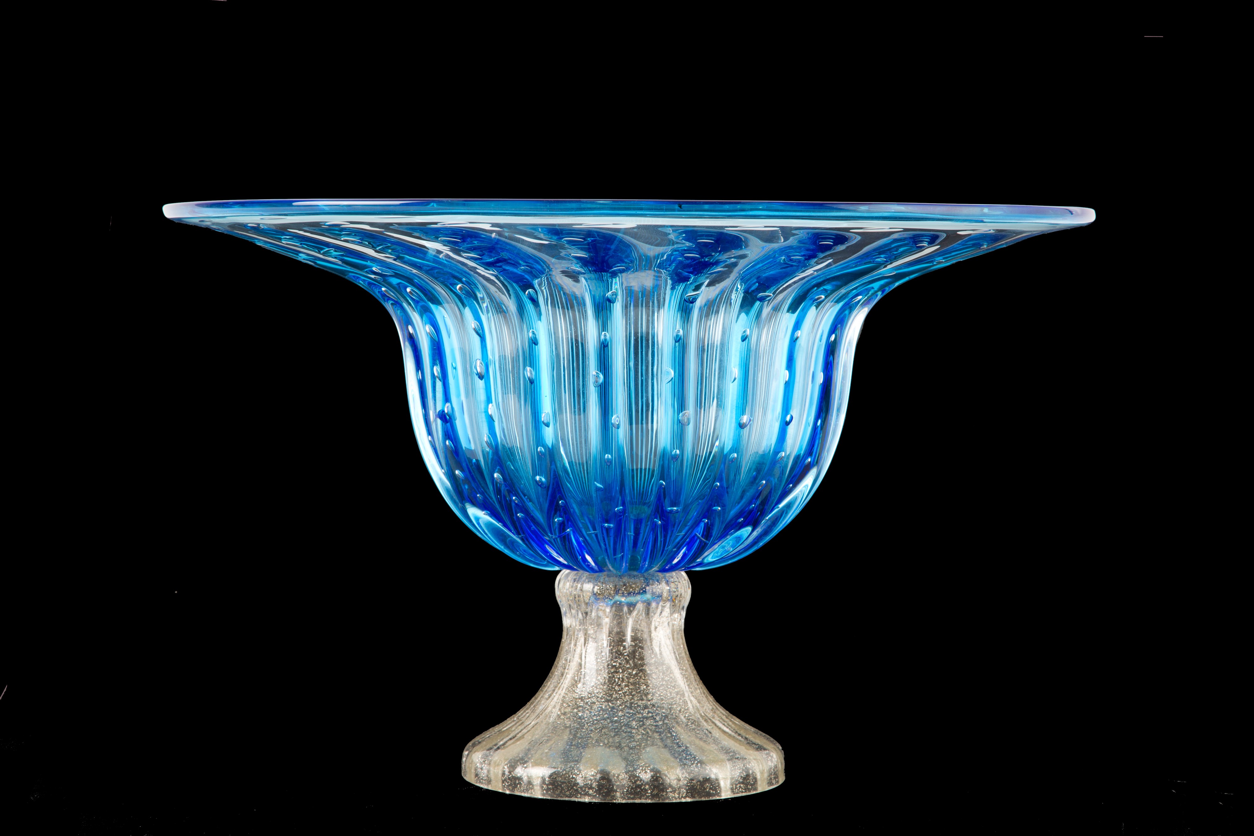 Grande alzata in vetro di Murano, toni blu e oro