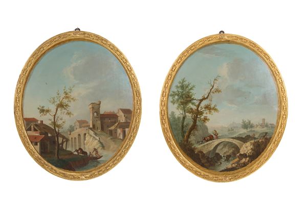 ANDREA PORTA - Pair of oval paintings 'LANDSCAPE WITH A SMALL VILLAGE' and 'LANDSCAPE WITH A BRIDGE'