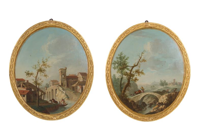 Andrea Porta - Coppia di Dipinti Ovali "paesaggio con un Piccolo Borgo" e "paesaggio con un Ponte...