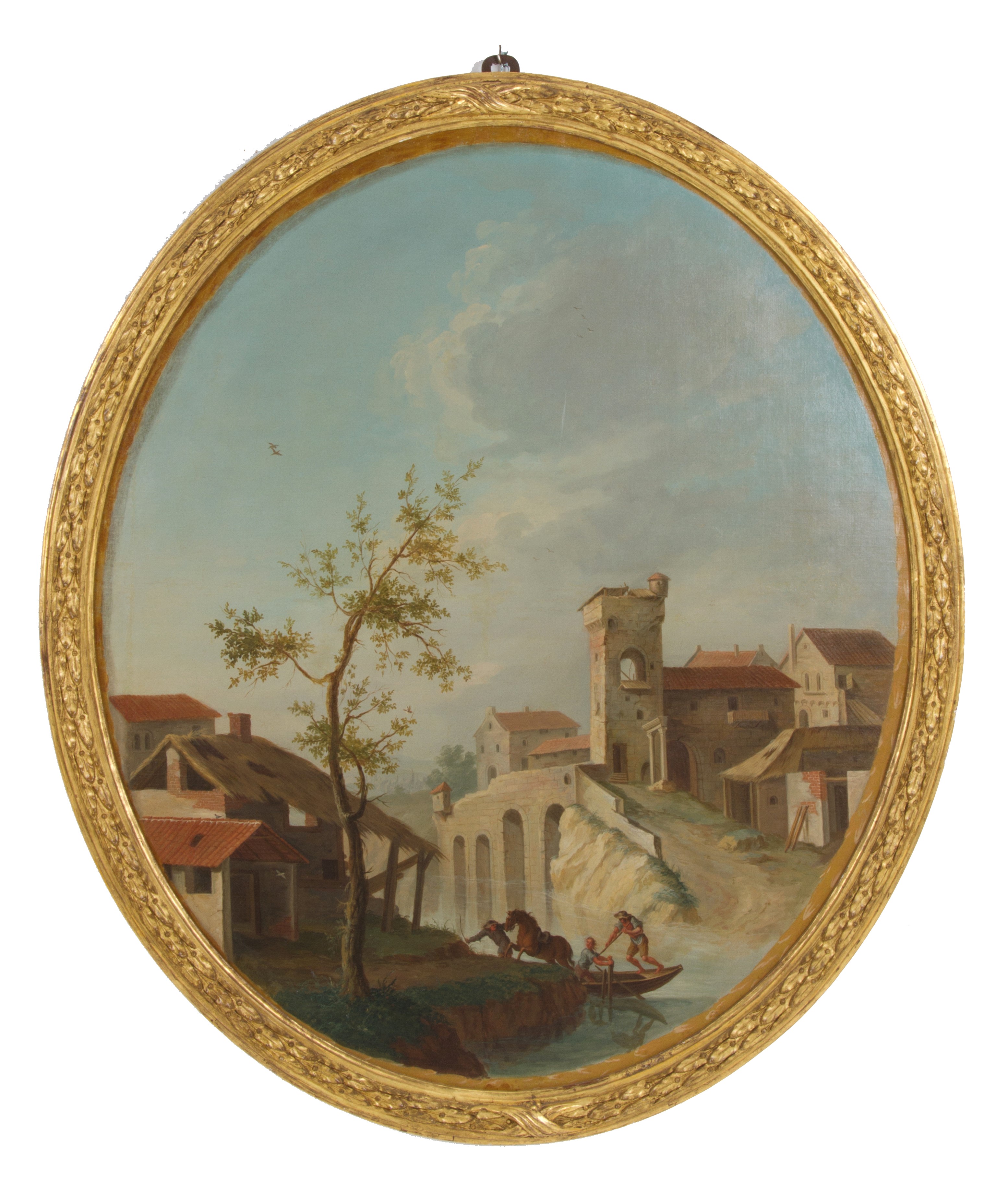 Andrea Porta - Coppia di Dipinti Ovali "paesaggio con un Piccolo Borgo" e "paesaggio con un Ponte...