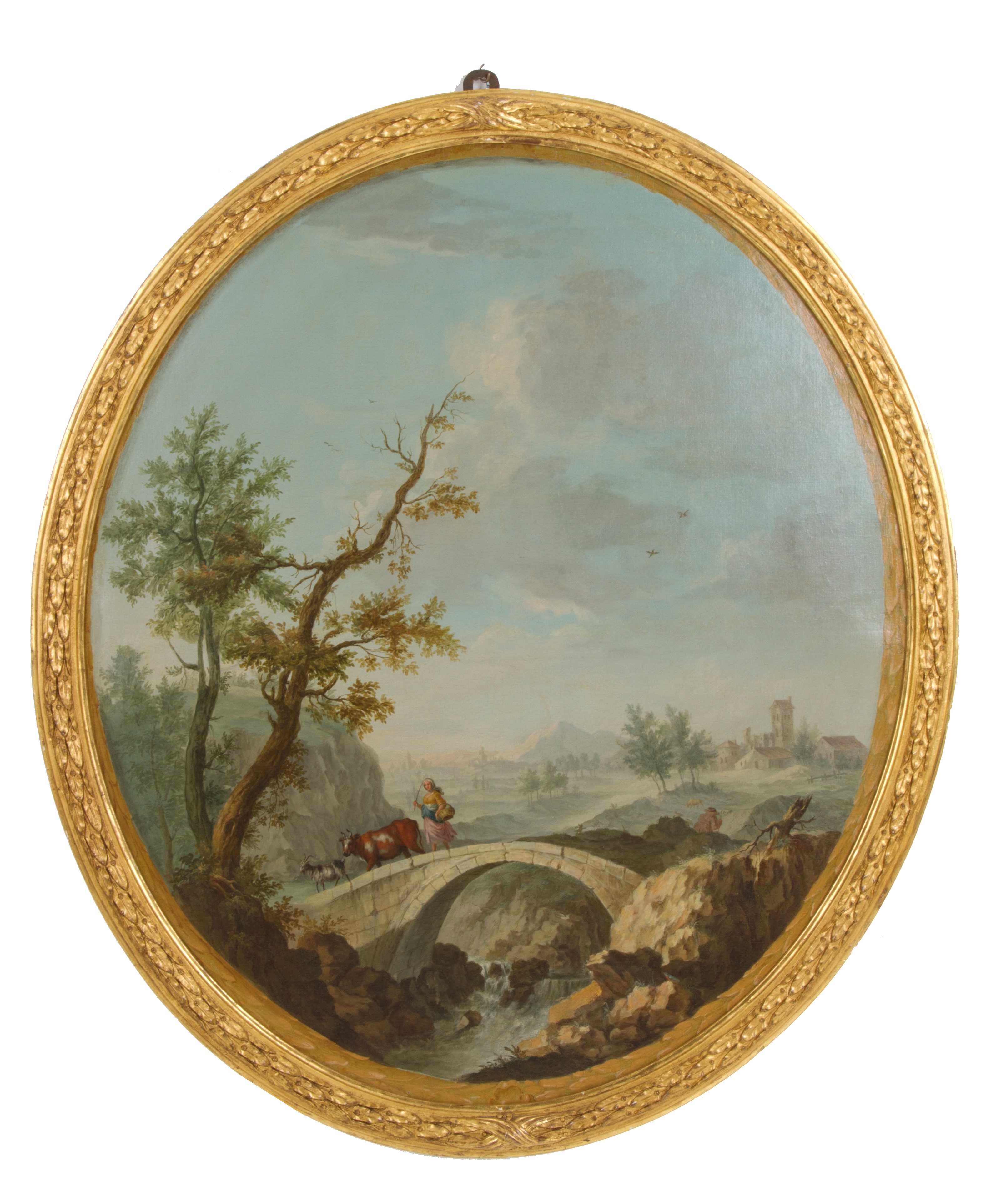 Andrea Porta - Coppia di Dipinti Ovali "paesaggio con un Piccolo Borgo" e "paesaggio con un Ponte...