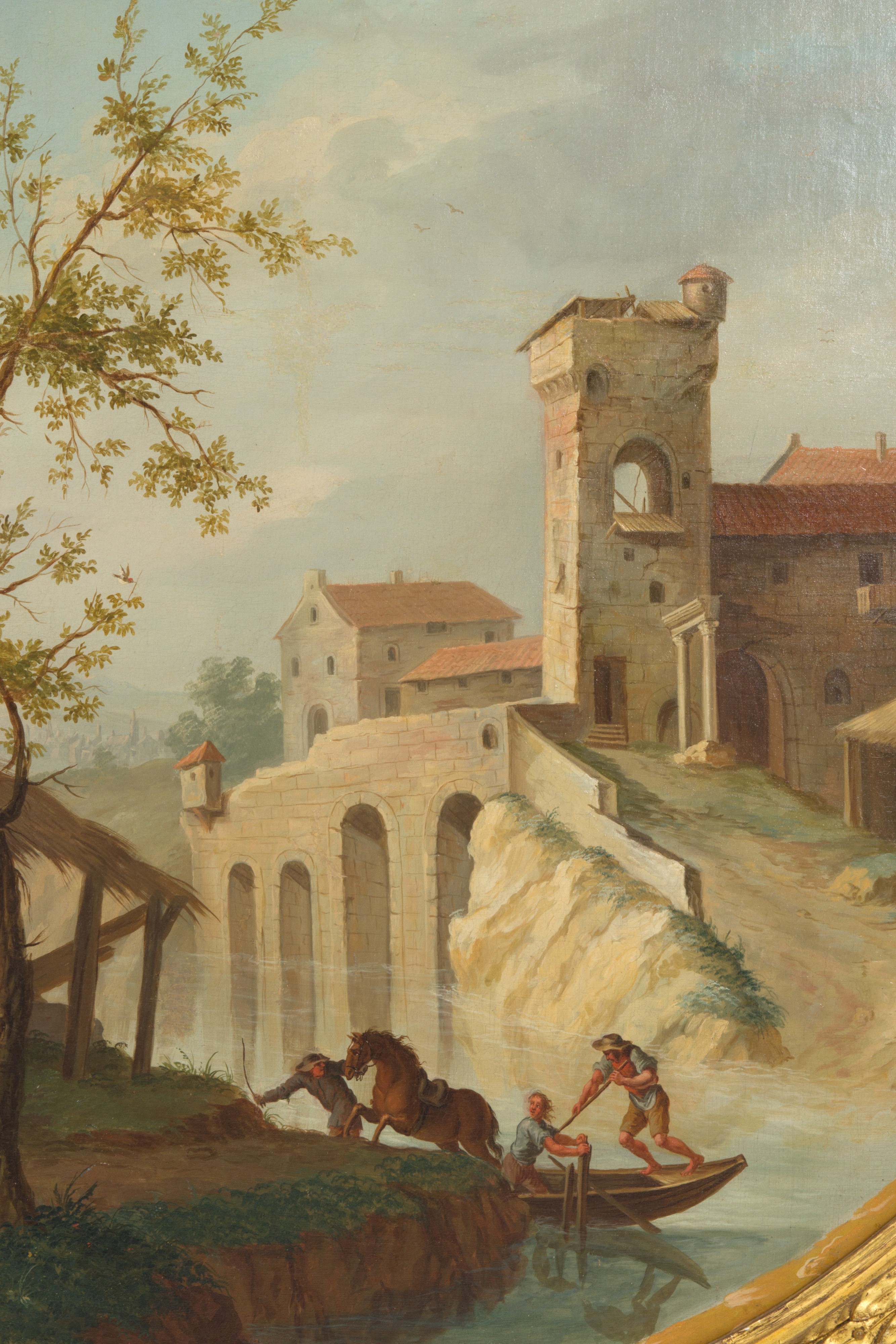 Andrea Porta - Coppia di Dipinti Ovali "paesaggio con un Piccolo Borgo" e "paesaggio con un Ponte...
