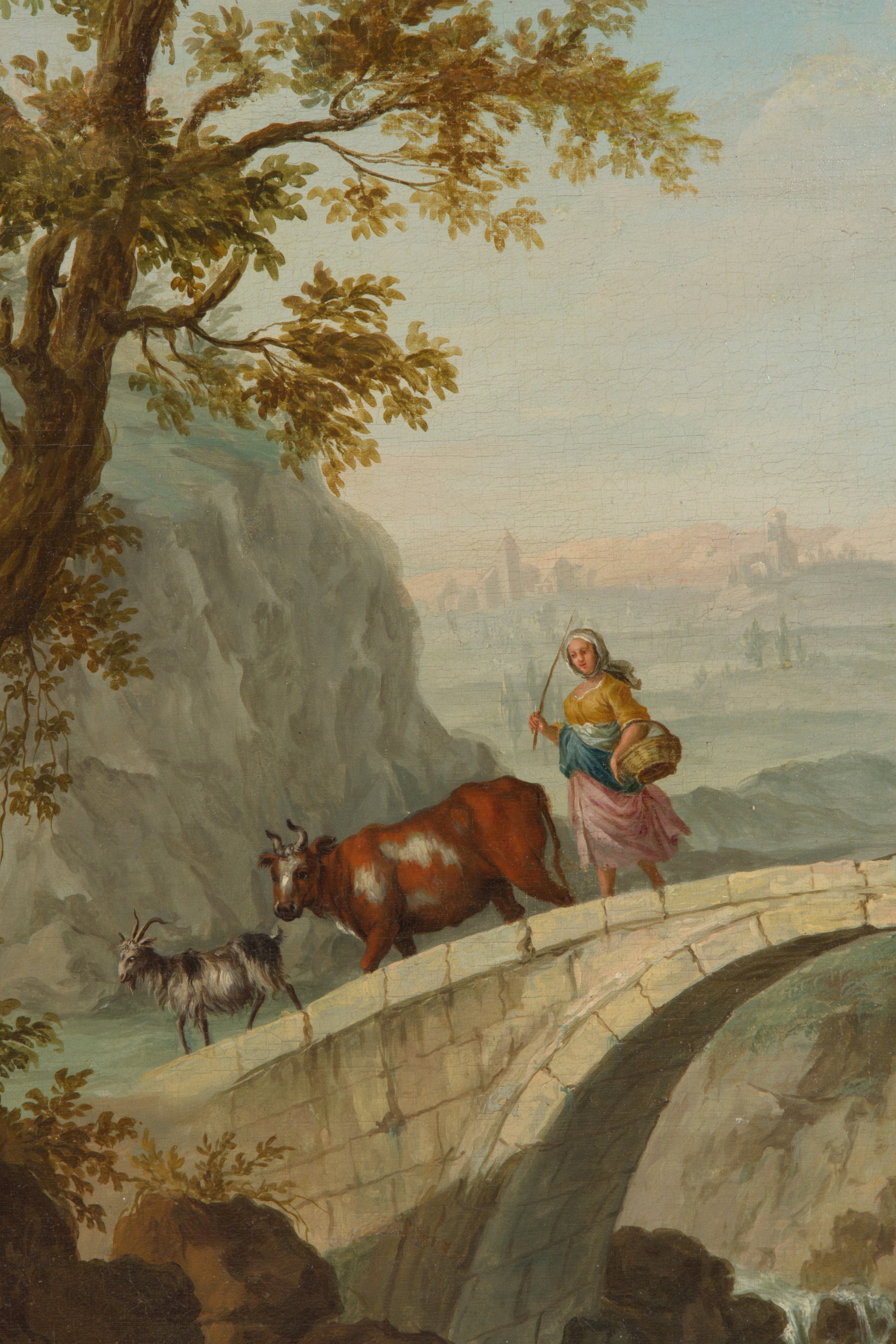 Andrea Porta - Coppia di Dipinti Ovali "paesaggio con un Piccolo Borgo" e "paesaggio con un Ponte...