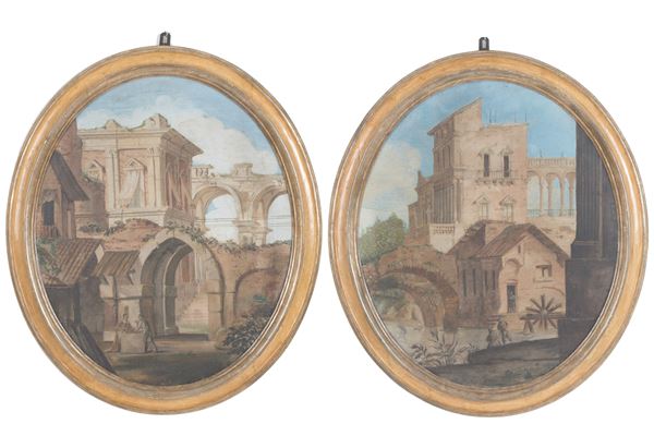 Pair of oval paintings "ARCHITECTURES WITH FIGURES"