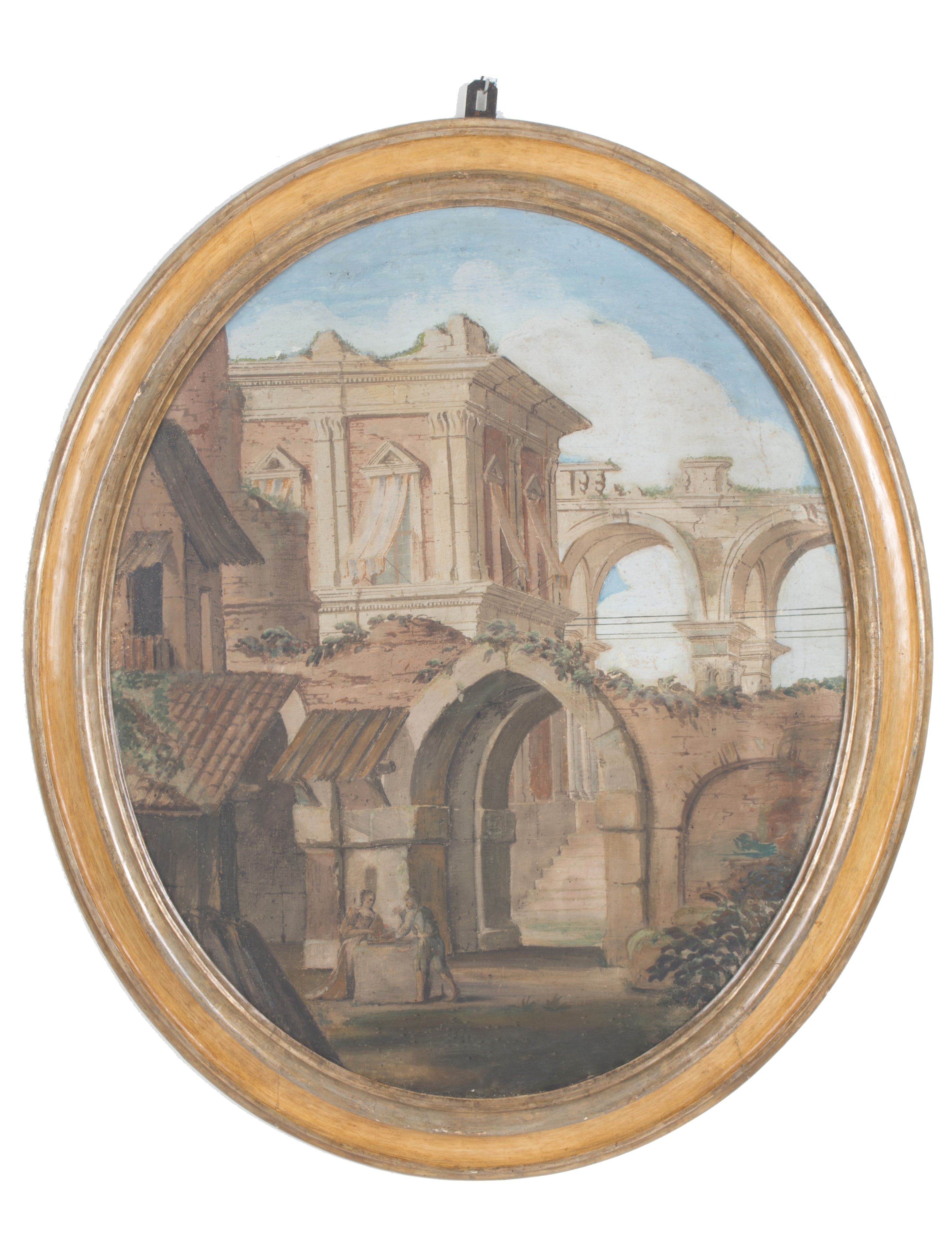 Coppia di Dipinti Ovali "architetture con Figure"