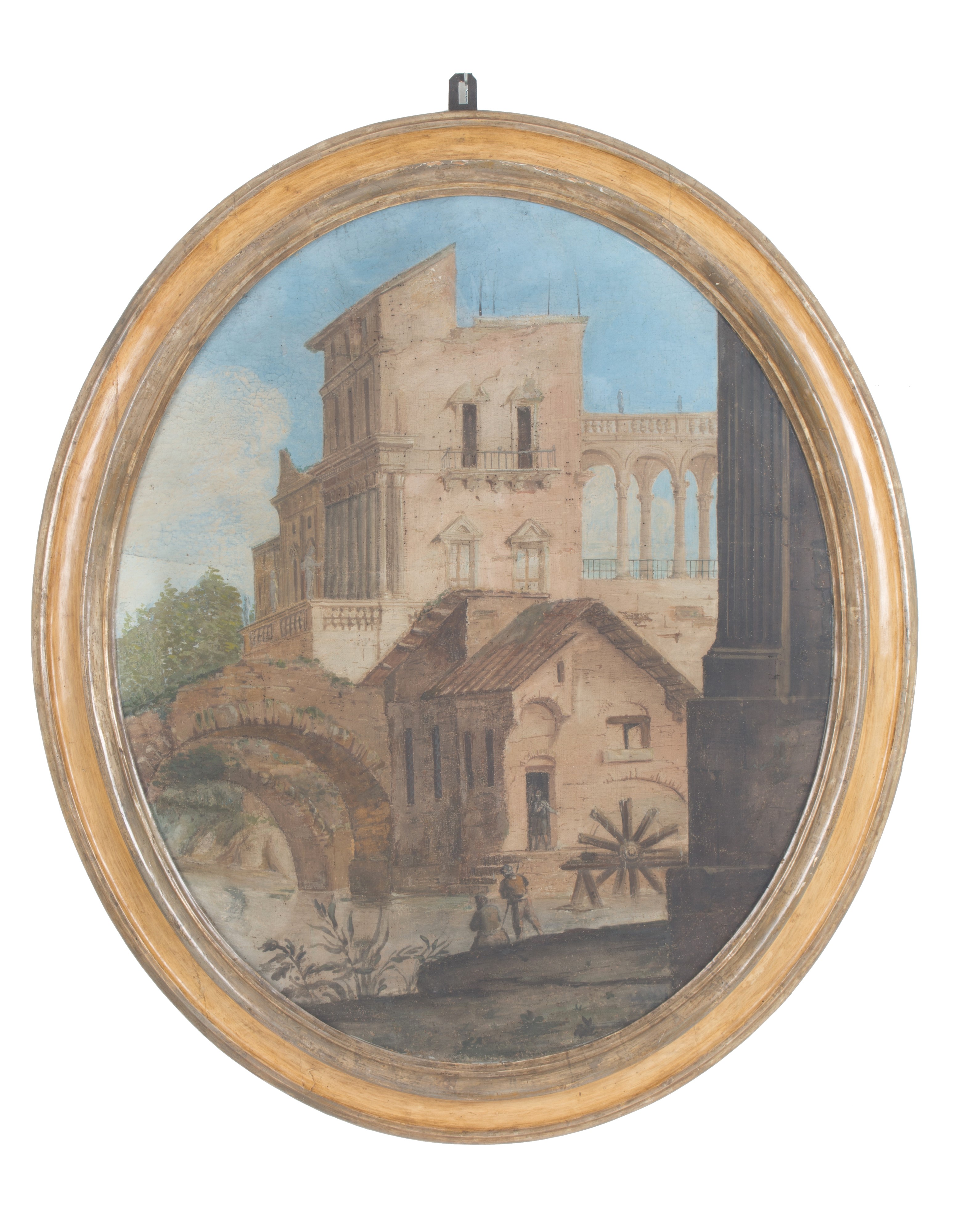 Coppia di Dipinti Ovali "architetture con Figure"