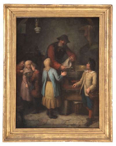 Dipinto "scena di Interno con Figura Maschile e Bambini"
