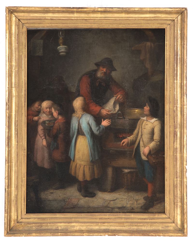 Dipinto "scena di Interno con Figura Maschile e Bambini"