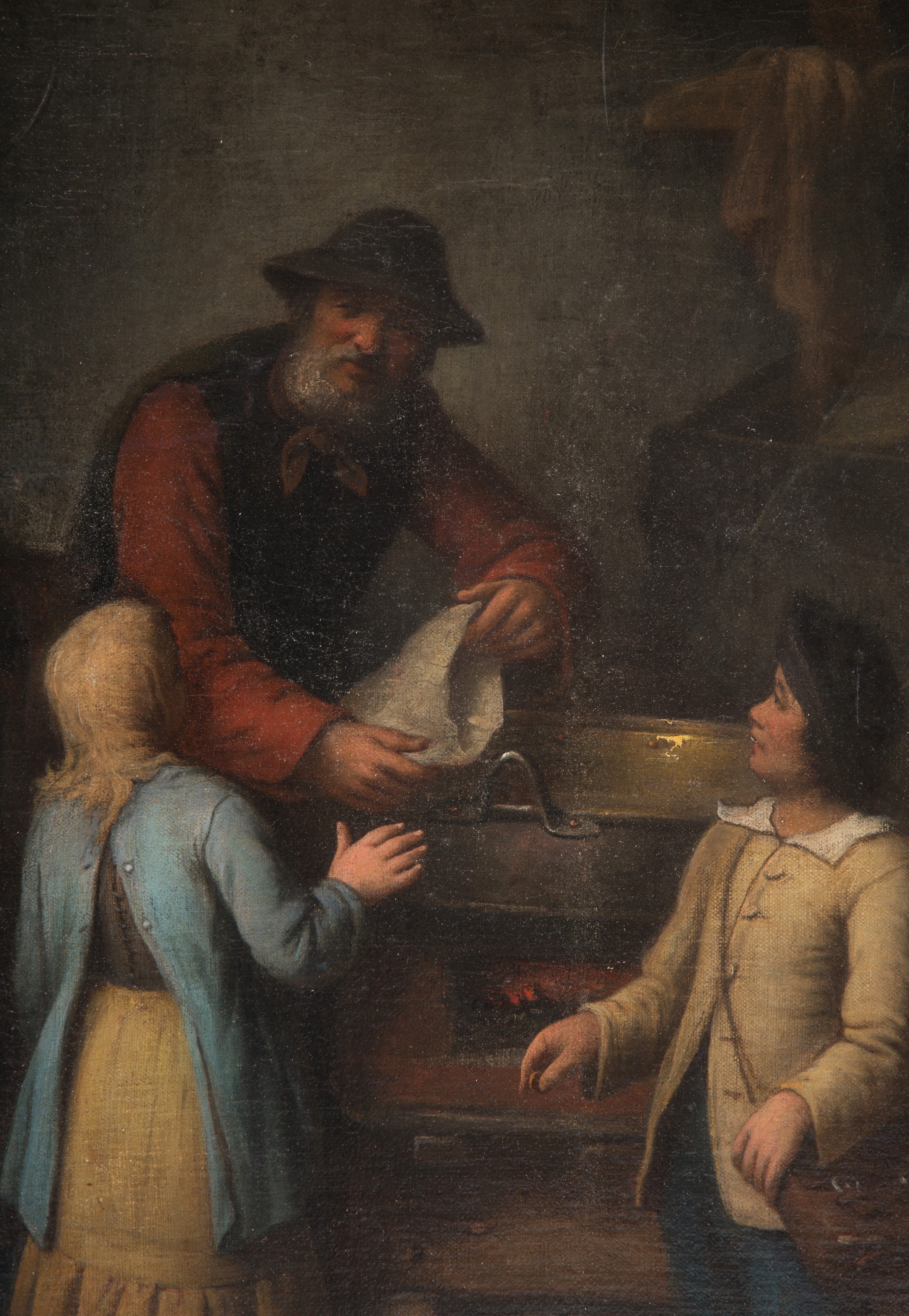 Dipinto "scena di Interno con Figura Maschile e Bambini"