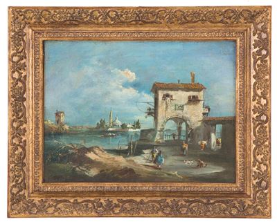Dipinto "capriccio con Laguna e Figure"