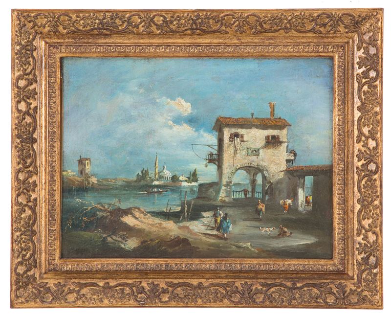 Dipinto "capriccio con Laguna e Figure"