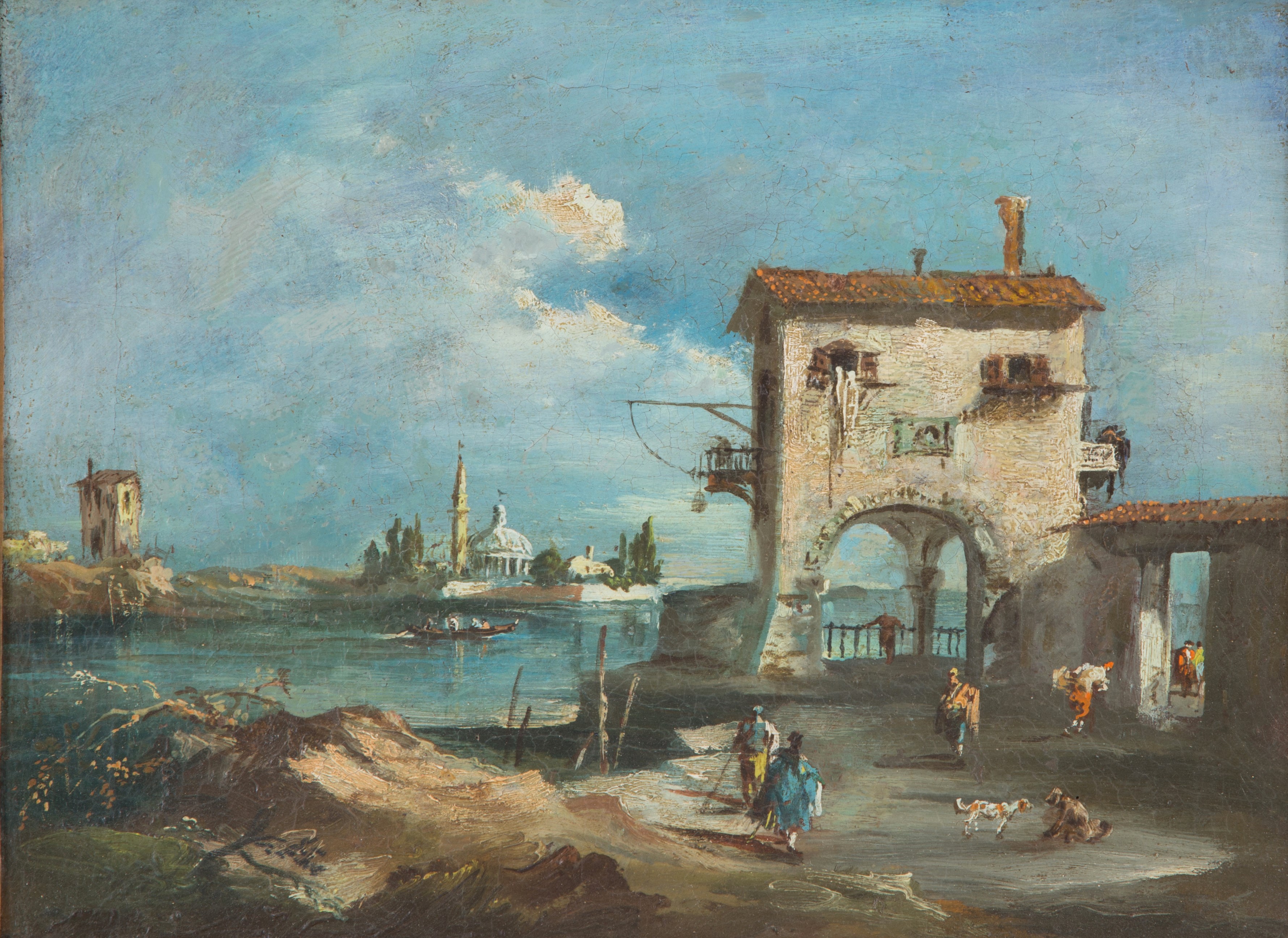 Dipinto "capriccio con Laguna e Figure"