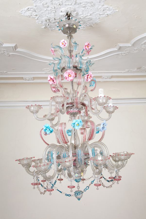 Lampadario rosa e azzurro