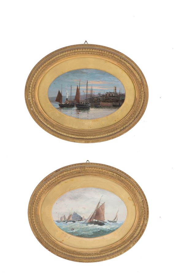 Two oval paintings "SAILBOATS"
