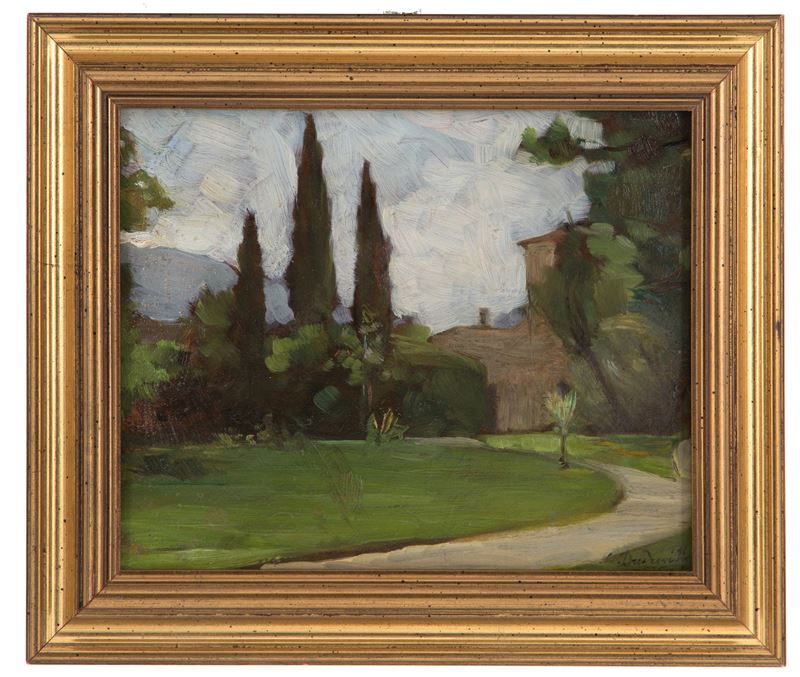 Leonardo Dudreville - Dipinto "giardino con Case"