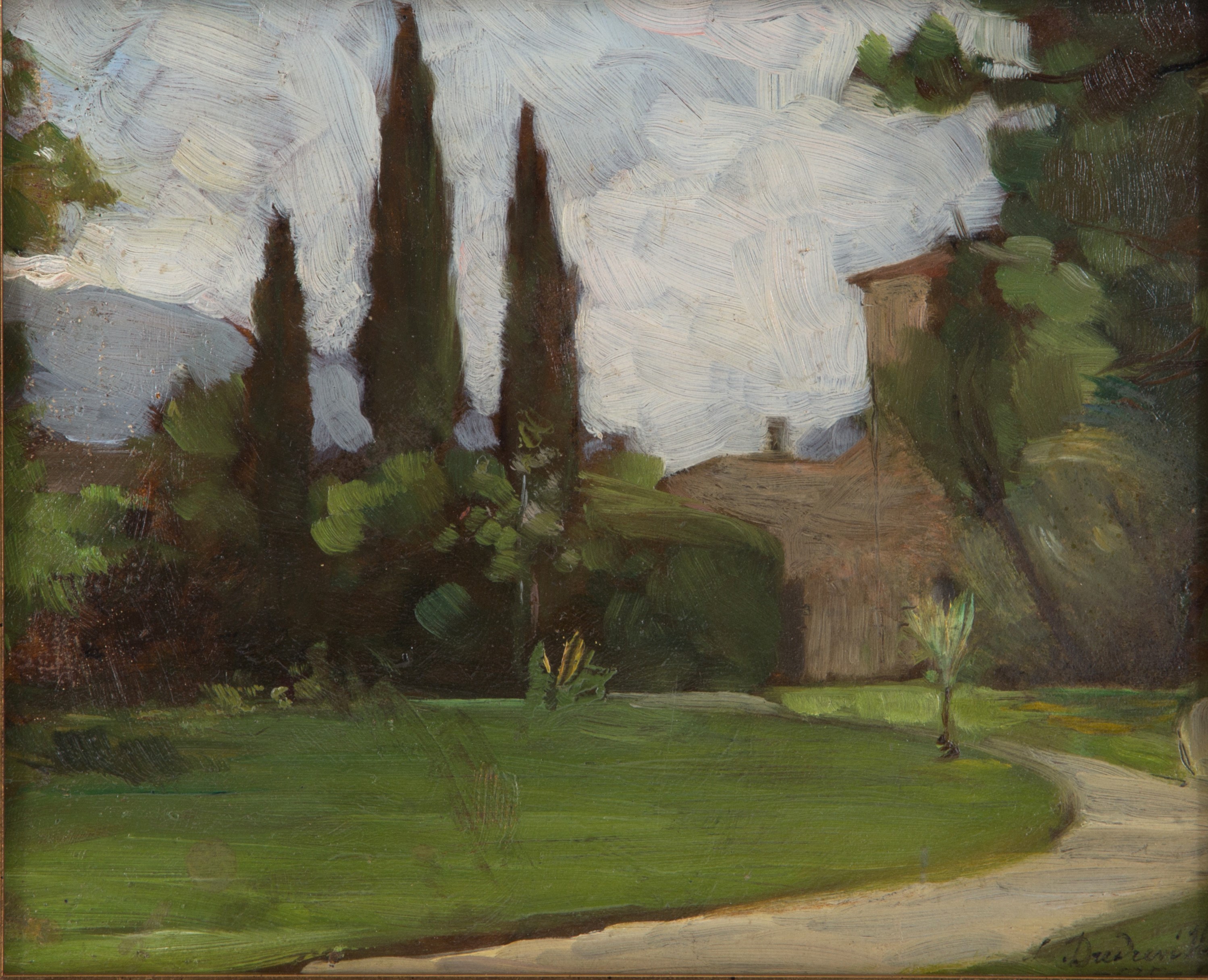 Leonardo Dudreville - Dipinto "giardino con Case"