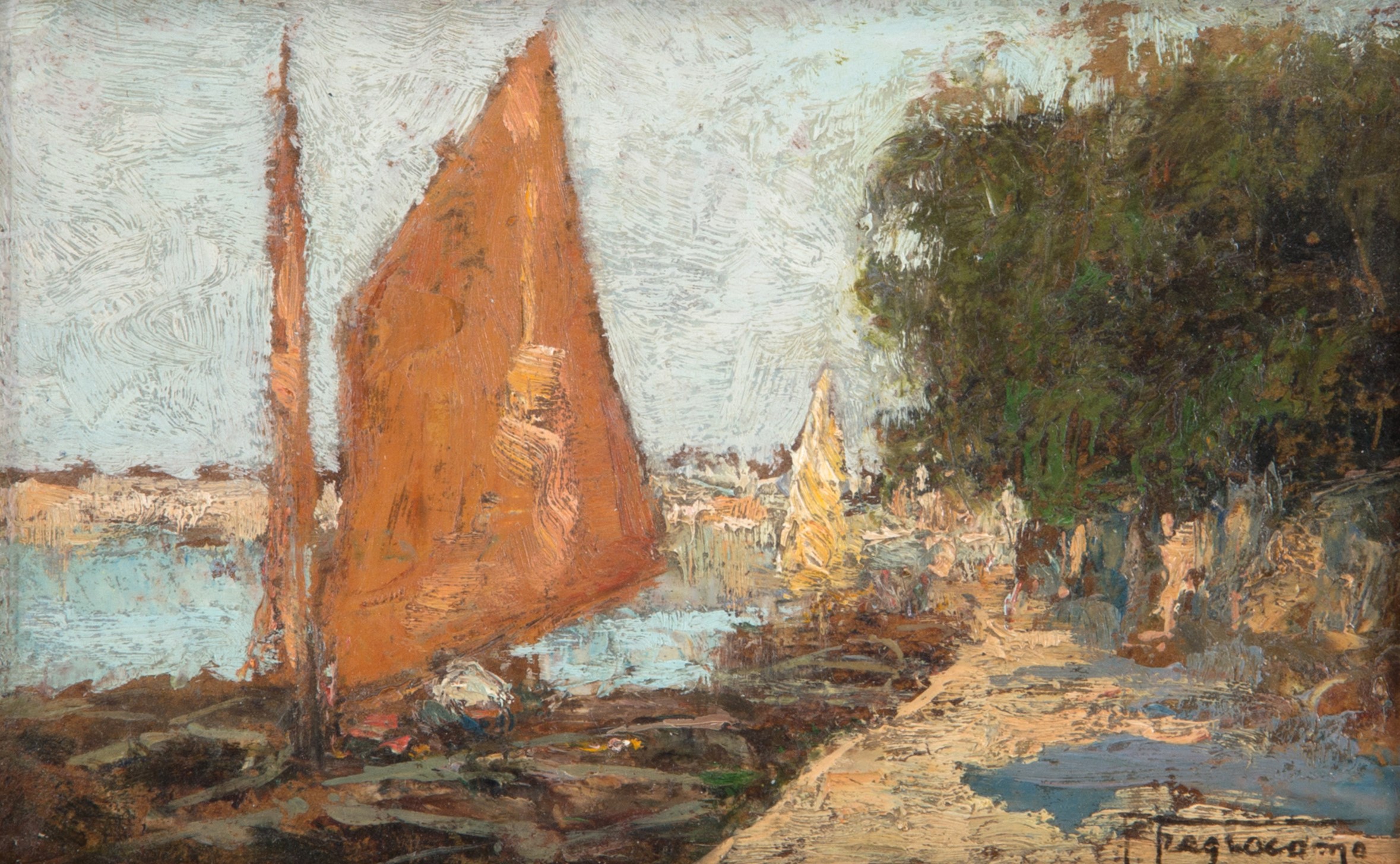 Pietro Fragiacomo - Dipinto "barche a Riva"