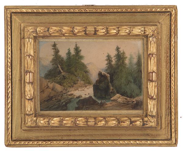 Acquarello "PAESAGGIO MONTANO CON FIGURE".