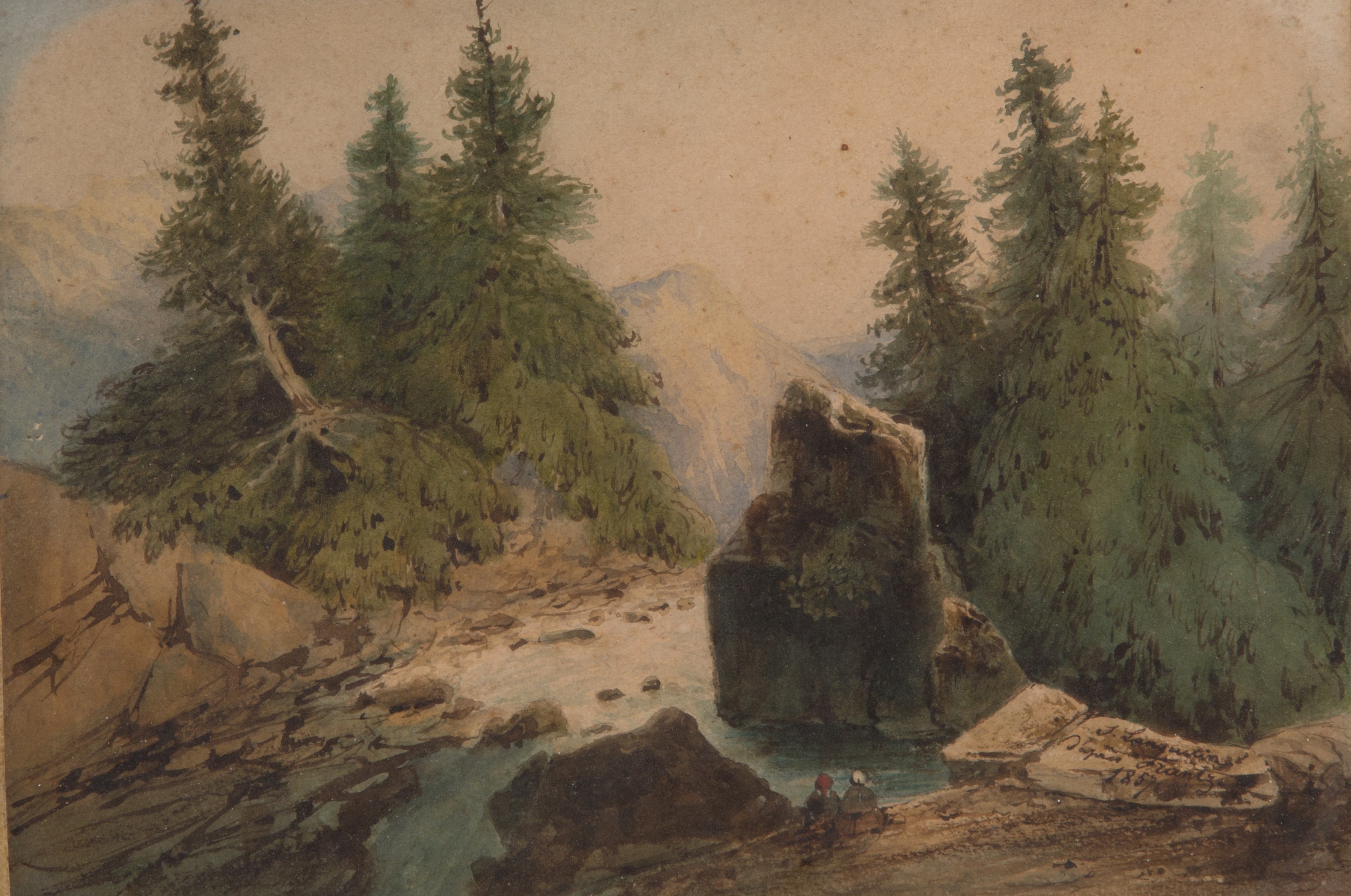 Acquarello "paesaggio Montano con Figure".