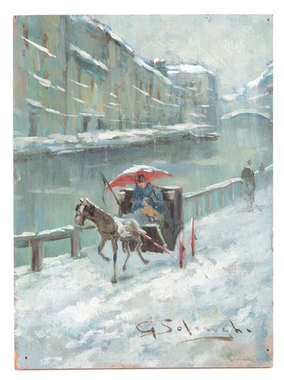 Dipinto "naviglio Innevati con Carrozza"
