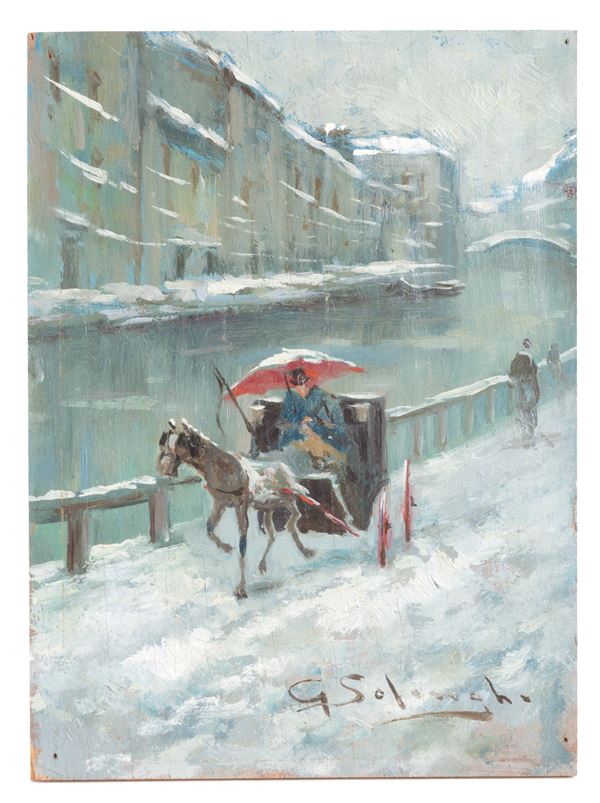 GIUSEPPE SOLENGHI - Painting "SNOWY NAVIGLIO WITH CARRIAGE"