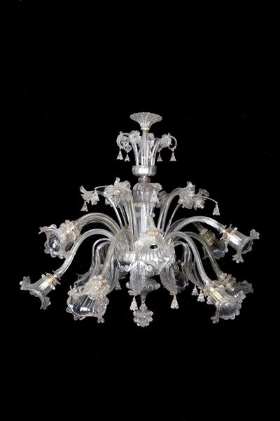 Lampadario in vetro con decorazioni floreali, XX secolo