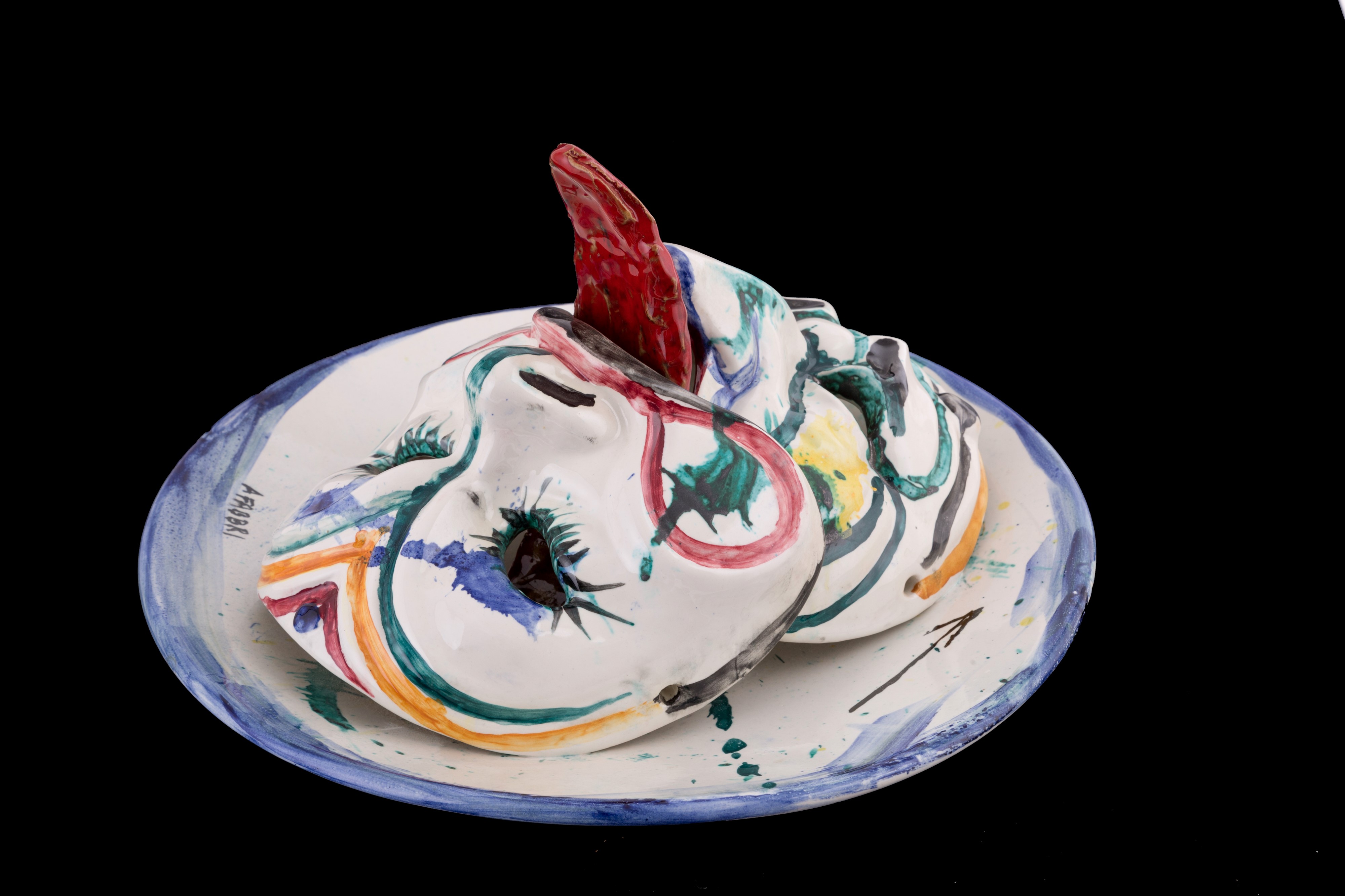 Agenore Fabbri - Piatto con Maschere in Ceramica Dipinta