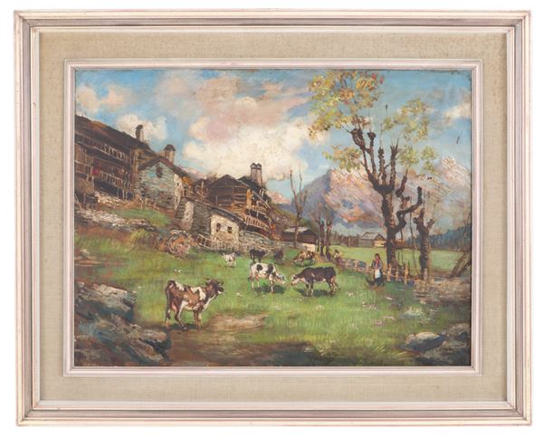 OSVALDO COMPAGNONI - Painting "MOUNTAIN LANDSCAPE WITH COWS"
