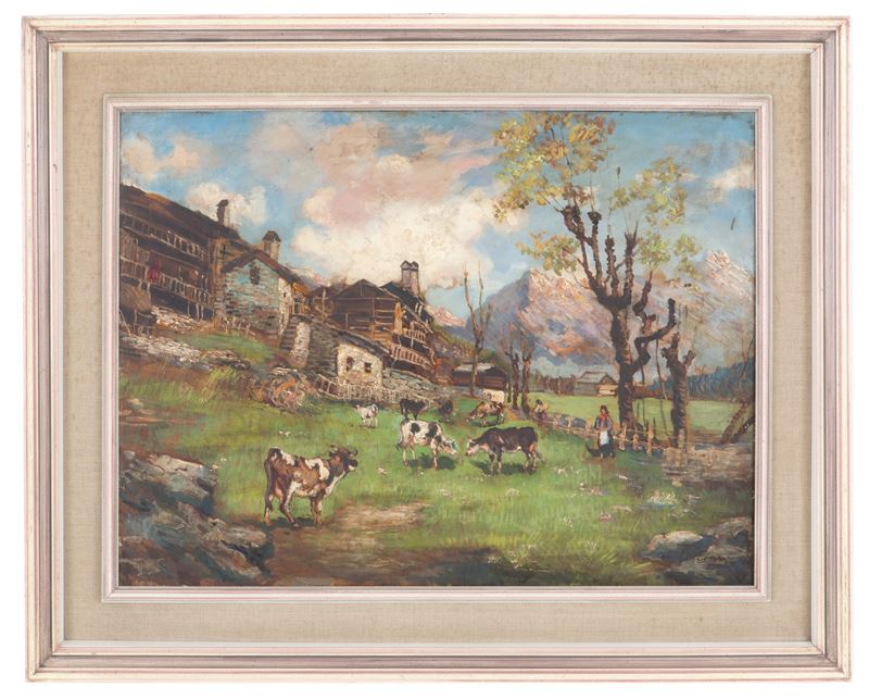 Osvaldo Compagnoni - Dipinto "paesaggio Montano con Mucche"