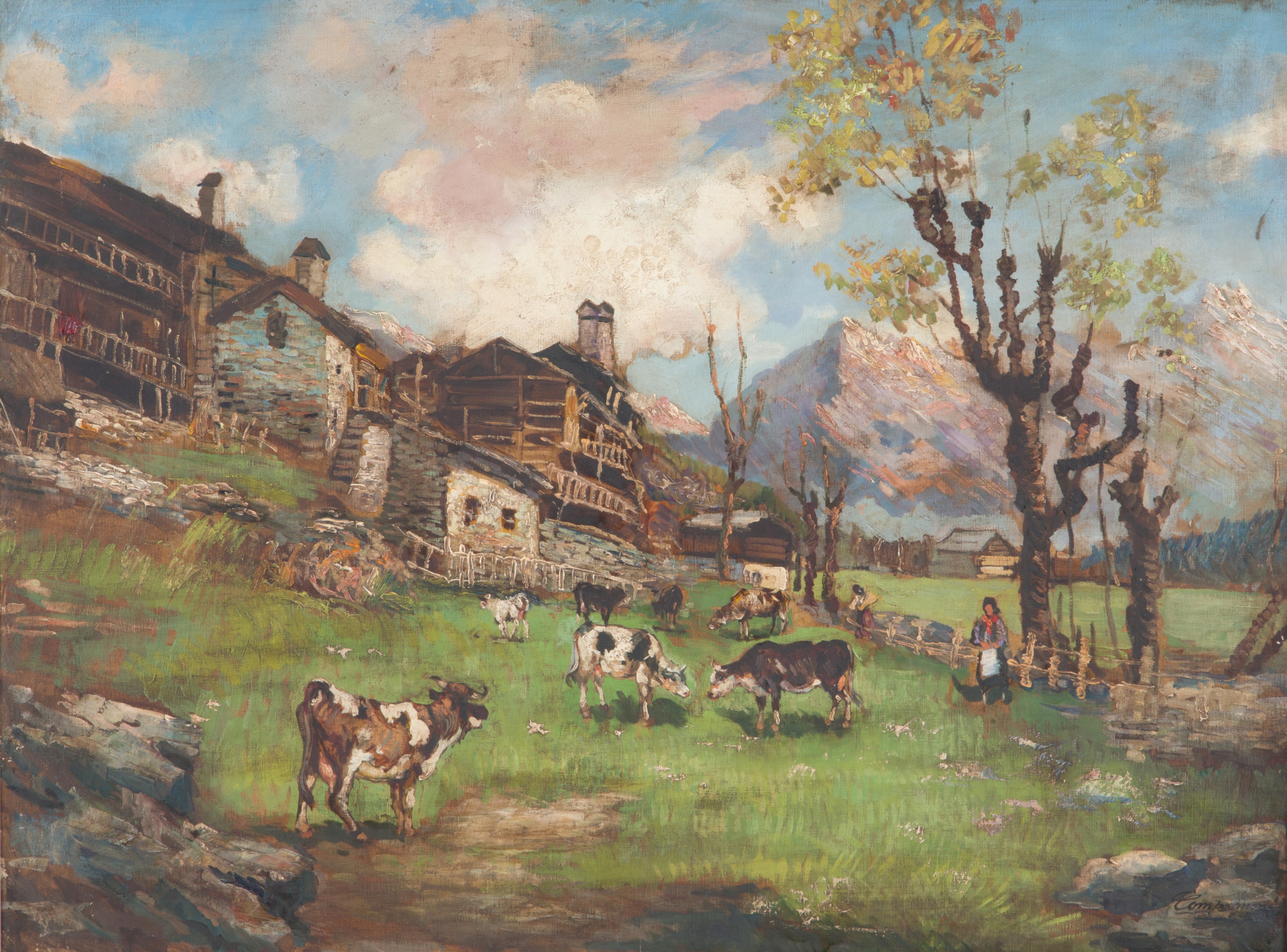 Osvaldo Compagnoni - Dipinto "paesaggio Montano con Mucche"