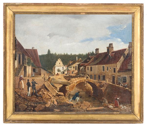 Dipinto "PAESAGGIO FLUVIALE CON PONTE E PERSONAGGI"