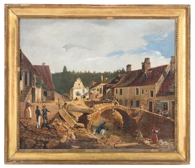 Dipinto "paesaggio Fluviale con Ponte e Personaggi"