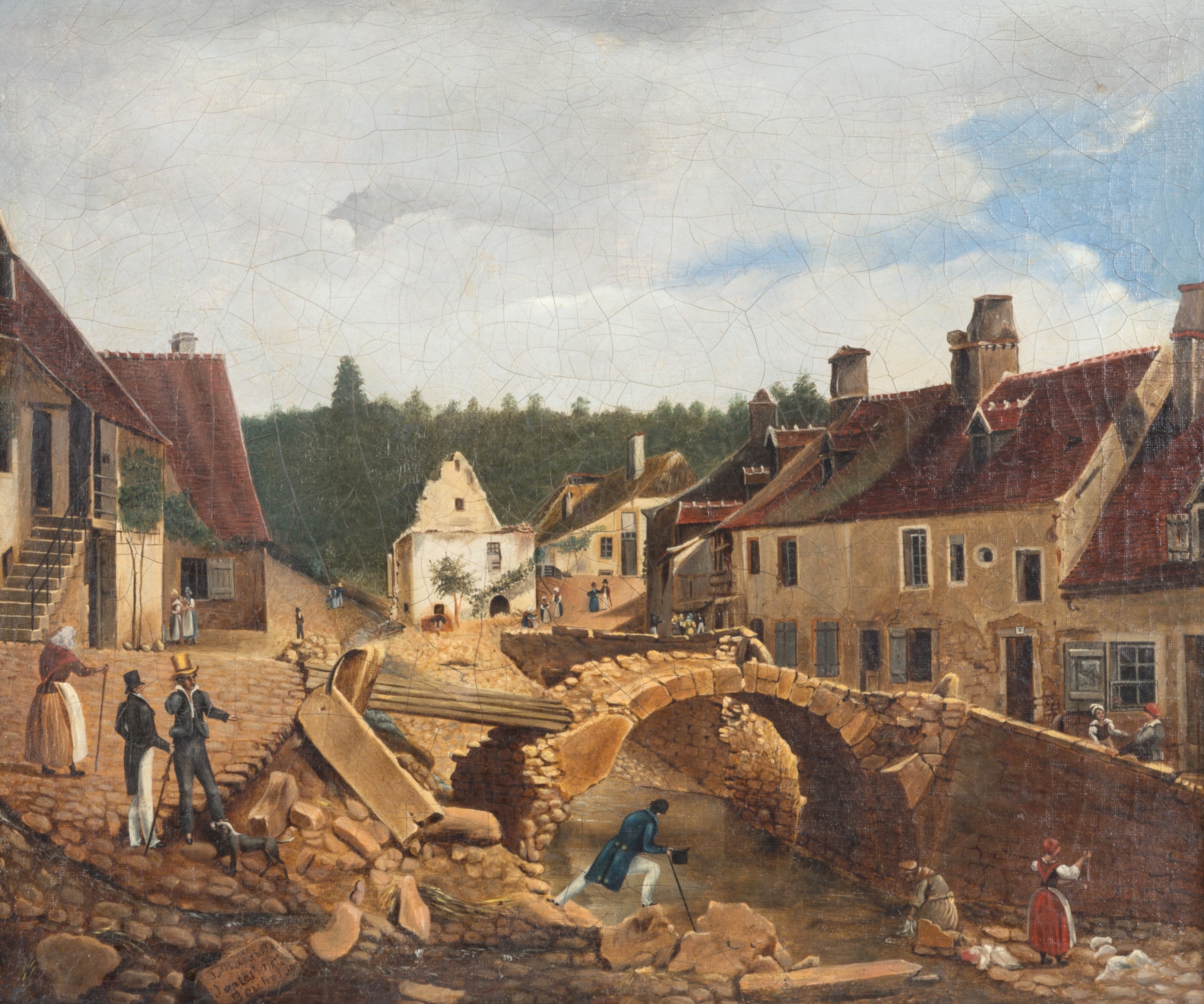 Dipinto "paesaggio Fluviale con Ponte e Personaggi"
