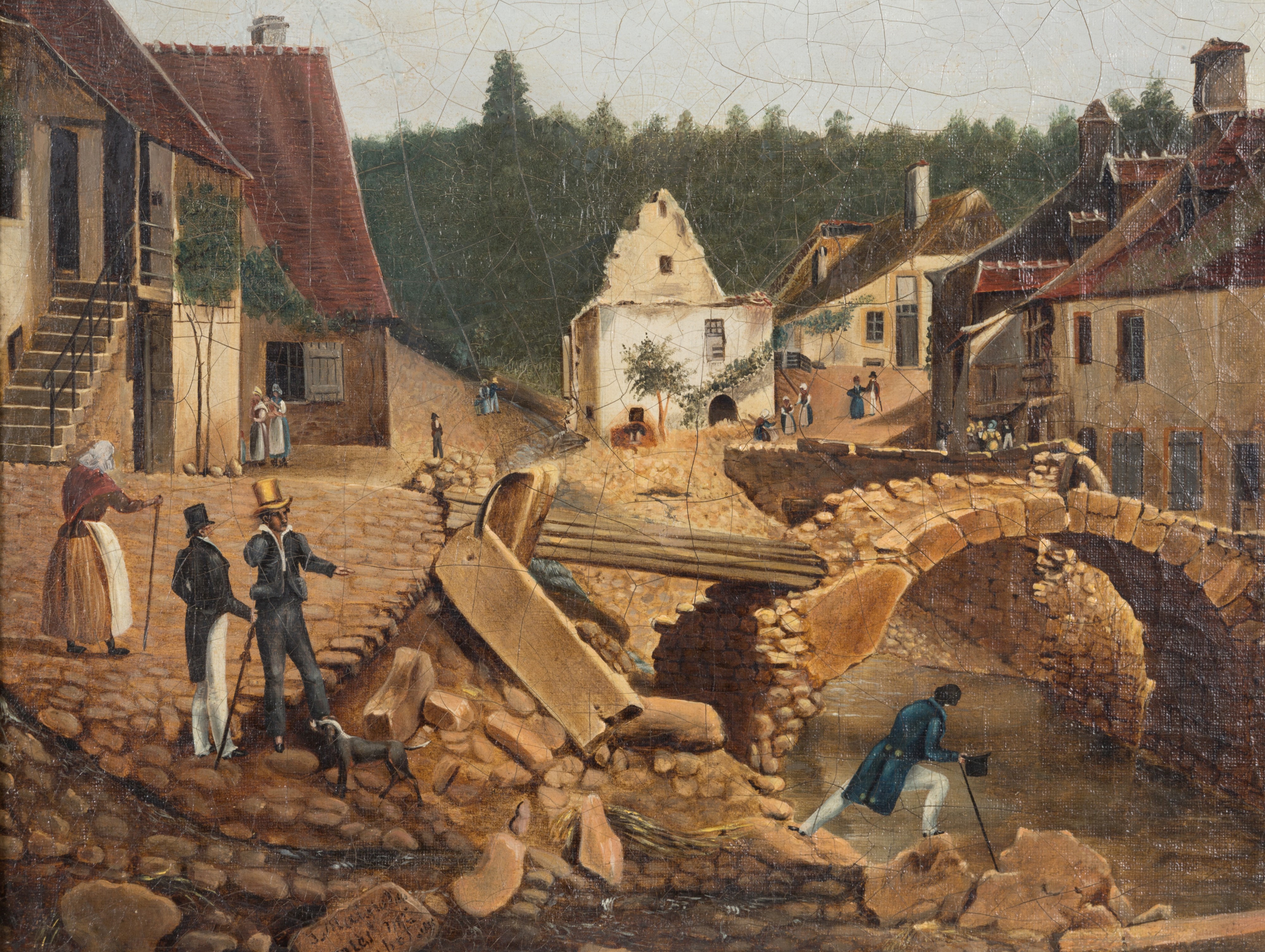 Dipinto "paesaggio Fluviale con Ponte e Personaggi"