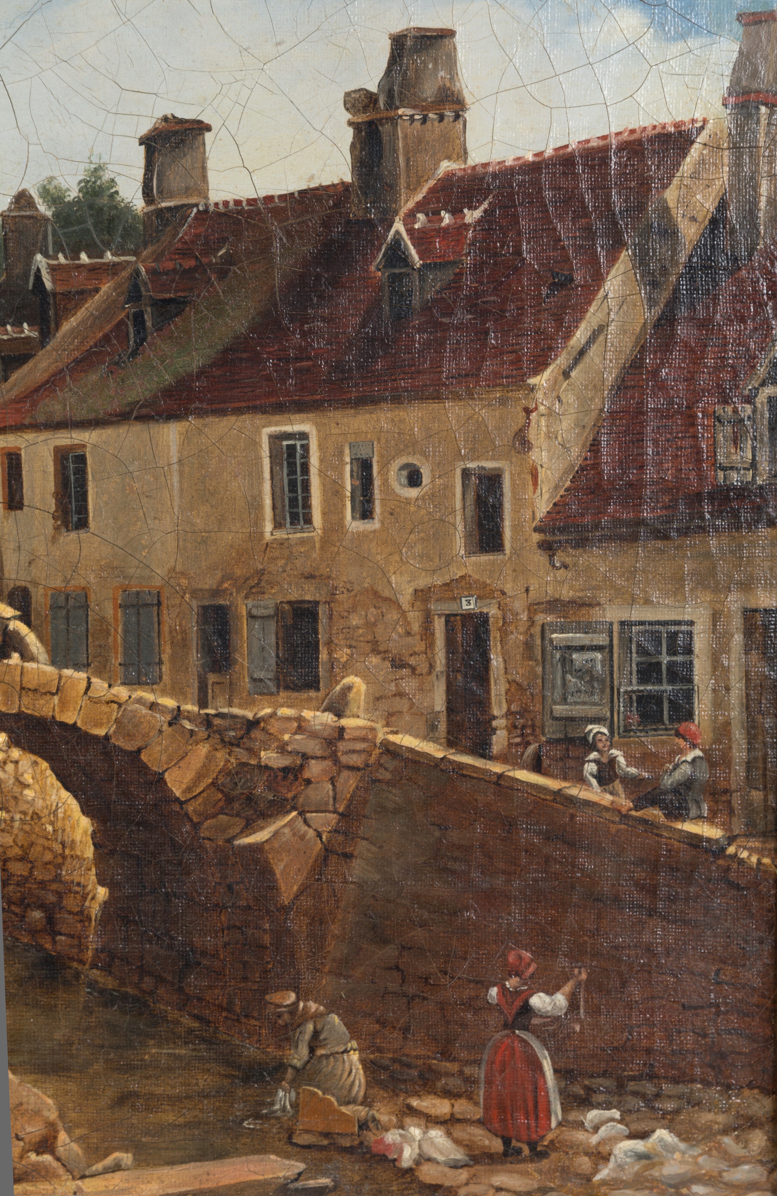 Dipinto "paesaggio Fluviale con Ponte e Personaggi"
