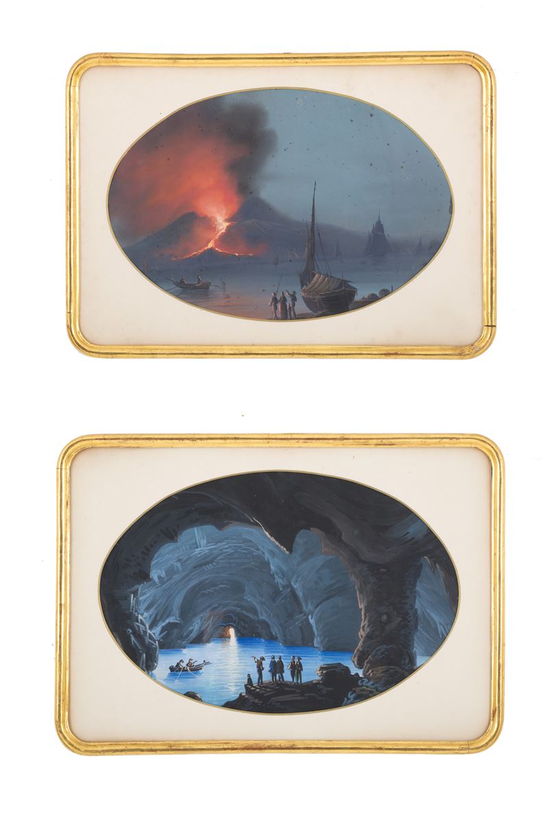 Coppia di Gouache "eruzione del Vesuvio" e "la Grotta Azzurra"