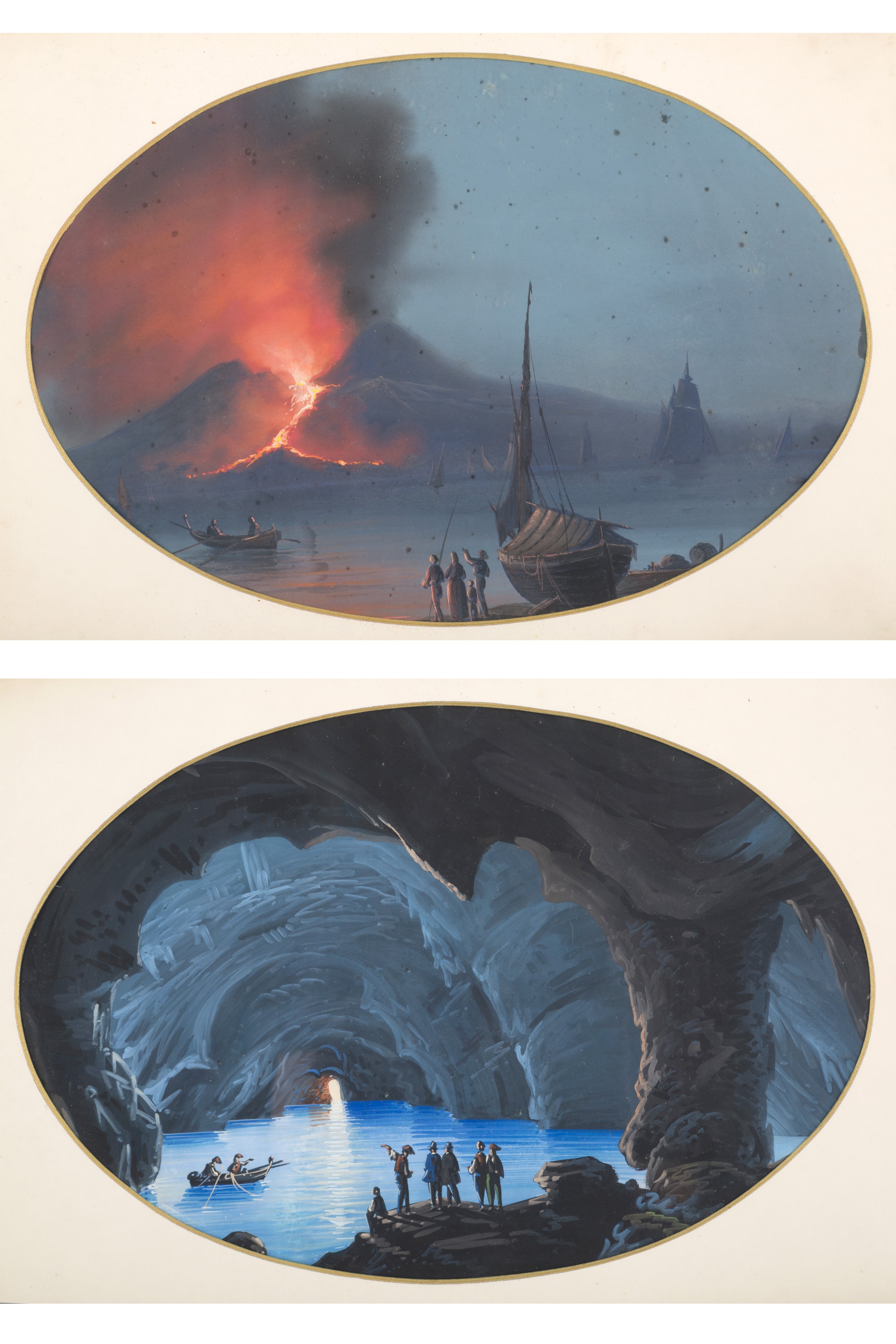 Coppia di Gouache "eruzione del Vesuvio" e "la Grotta Azzurra"