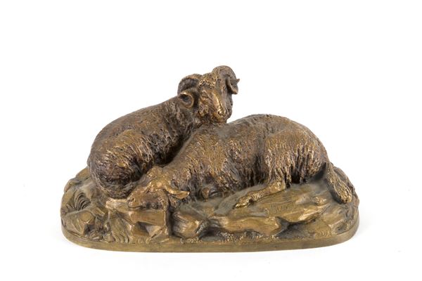 Bronze sculpture "RAM AND SHEEP AT REST"