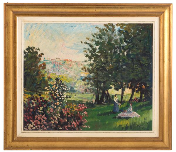 WILLIAM NUZZO - Painting "COUNTRY LANDSCAPE WITH LADIES"
