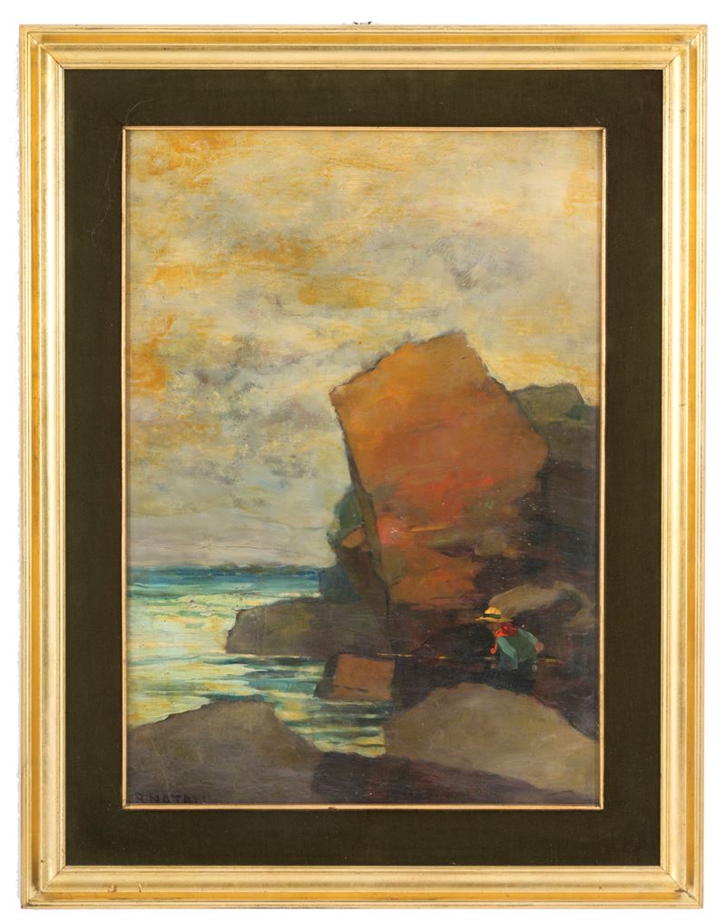 Renato Natali - Dipinto "marina con Pescatore"
