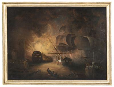 Dipinto "vascello in Fiamme con Scialuppe e Personaggi"
