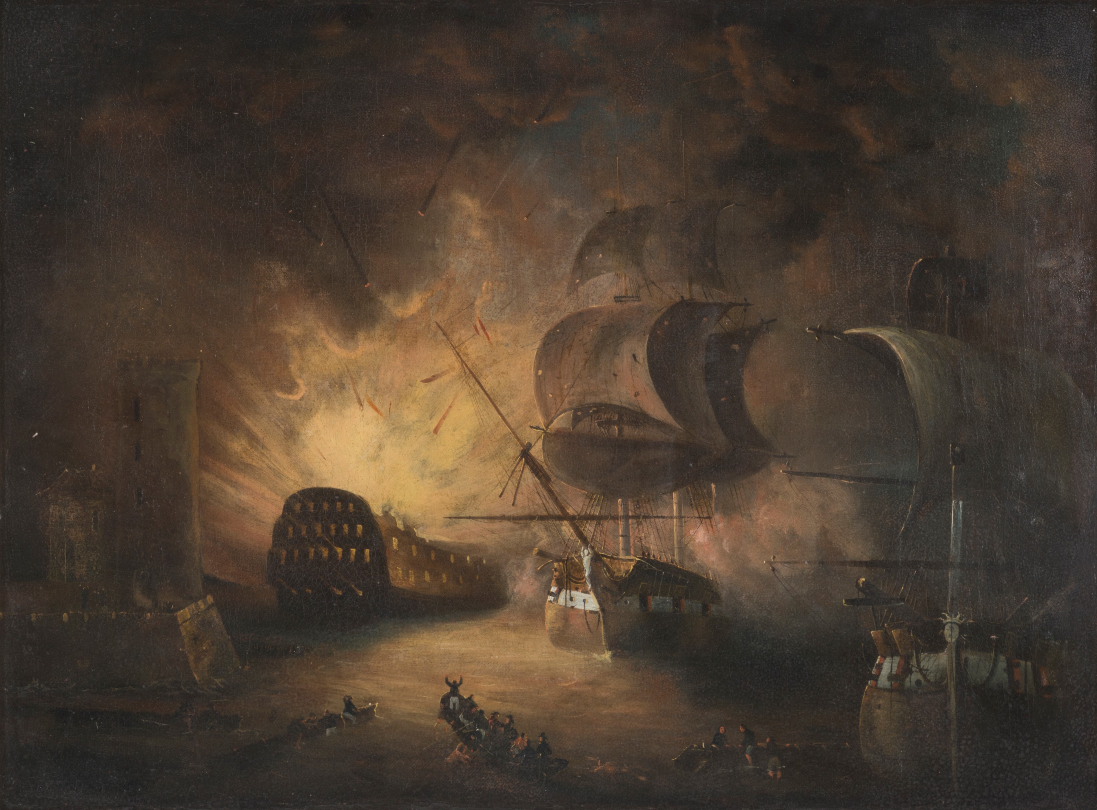 Dipinto "vascello in Fiamme con Scialuppe e Personaggi"