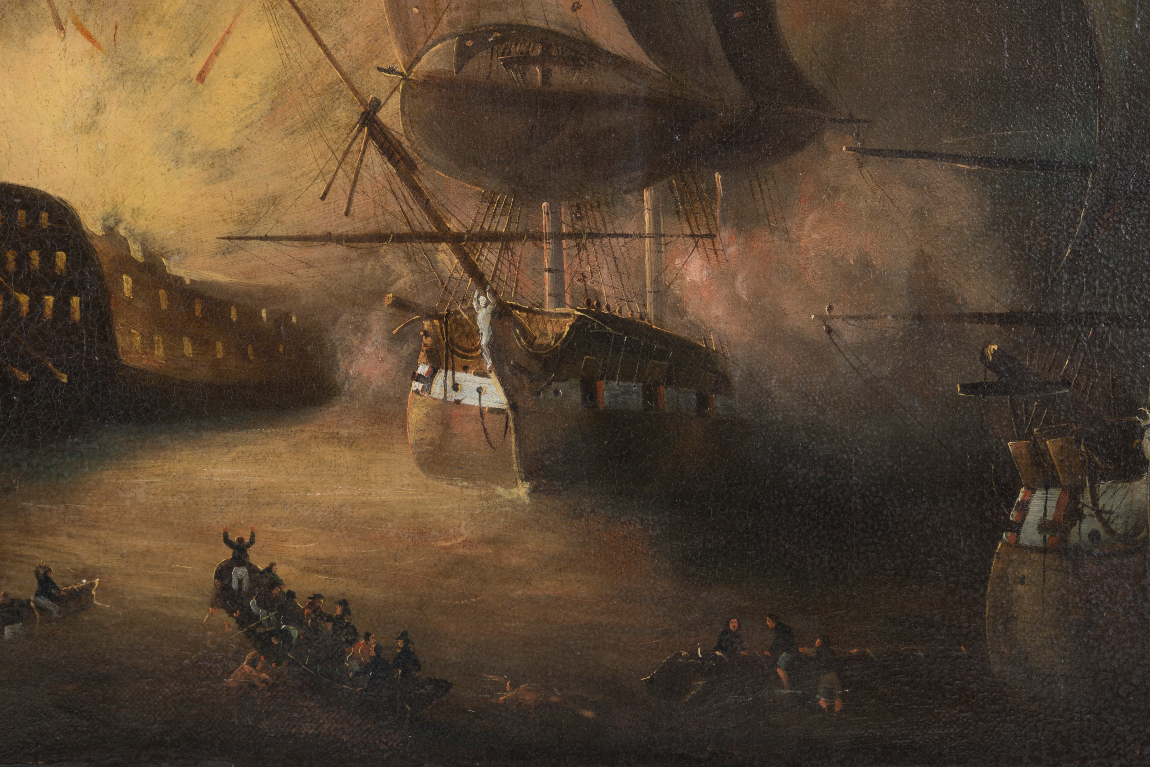 Dipinto "vascello in Fiamme con Scialuppe e Personaggi"