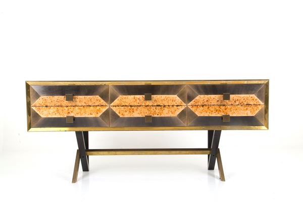 MORDECAI PILLANT - Sideboard in wood, brass and crystal